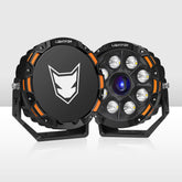 Two black and orange LED lights with a visible brand logo on a white background