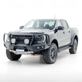 Gray Ford Ranger Raptor bakkie pickup truck with Rockarmor front bumper bull bar on a white background
