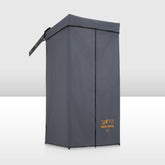Gray shower tent with San Hima logo on a white background