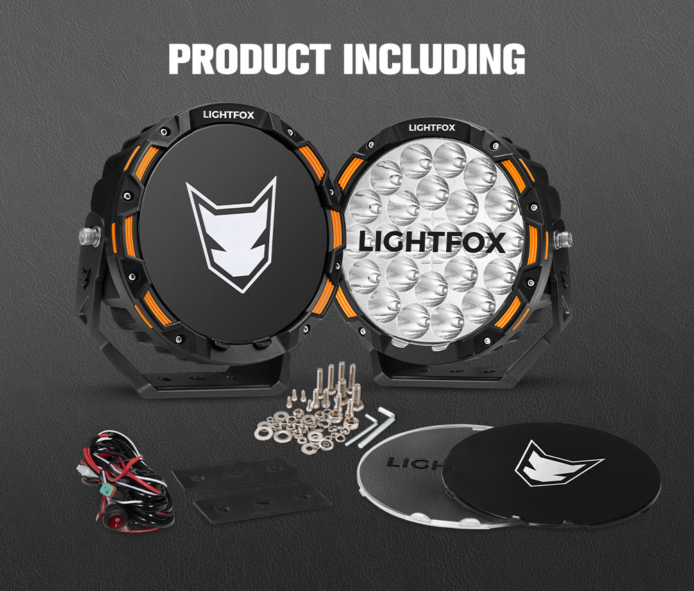 Lightfox product set including two circular lights, screws, and a cover on a dark background. Lightfox product set including two circular lights, screws, and a cover on a dark background.