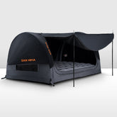 Black camping swag tent with an inflatable mattress on a white background, featuring the brand 'SAN HIMA'.