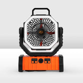 Portable SAN HIMA camping fan with orange base and black top on a white background