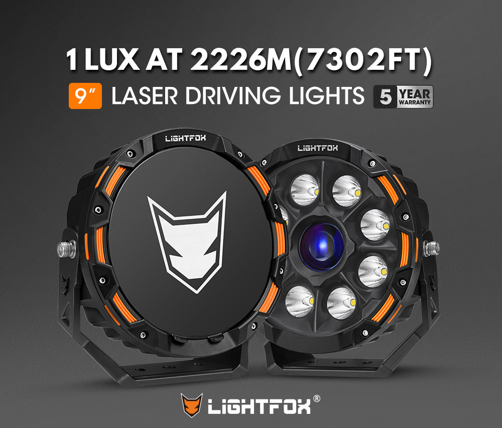 Lightfox laser driving lights with specifications on a dark background Lightfox laser driving lights with specifications on a dark background