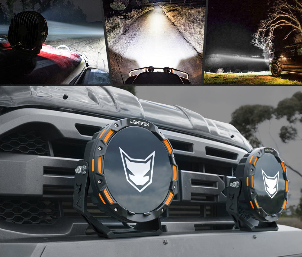 Two large round lights on a vehicle with a collage of light usage scenarios. Two large round lights on a vehicle with a collage of light usage scenarios.