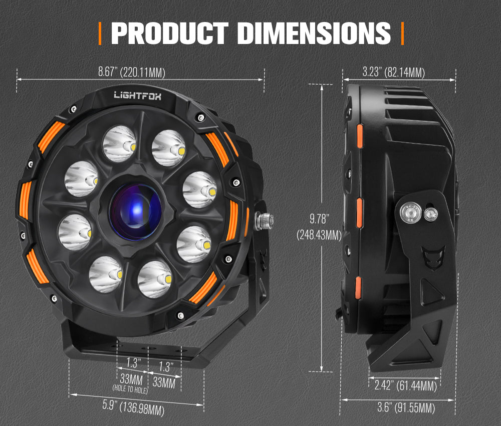 Lightfox off-road light with dimensions on a gray background Lightfox off-road light with dimensions on a gray background