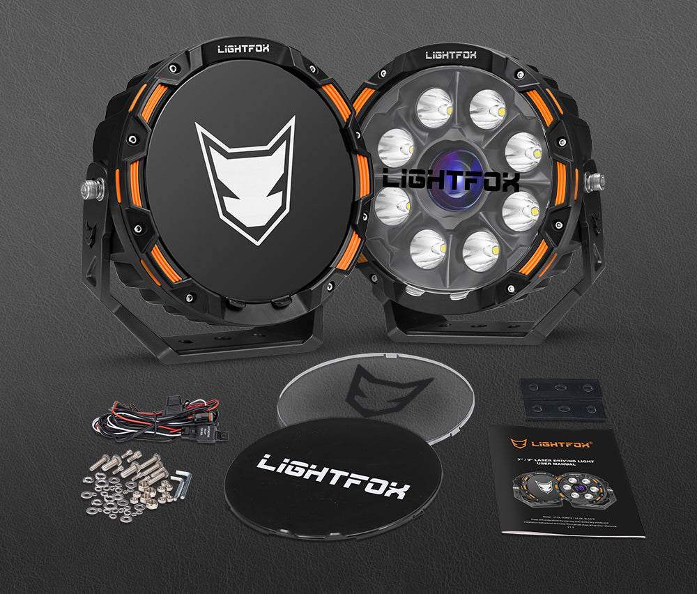 Lightfox off-road lights with accessories on a dark background Lightfox off-road lights with accessories on a dark background