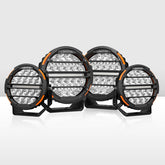 Set of round LED lights with black and orange accents on a white background