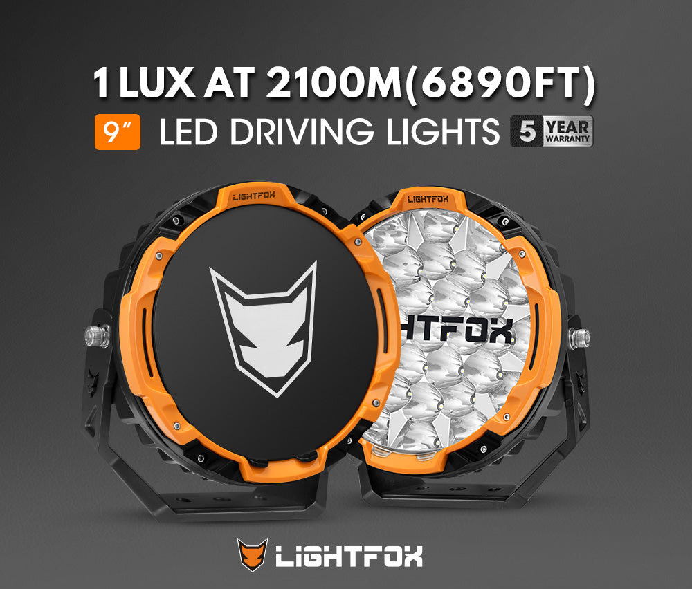 LED driving lights with Lightfox branding on a dark background LED driving lights with Lightfox branding on a dark background