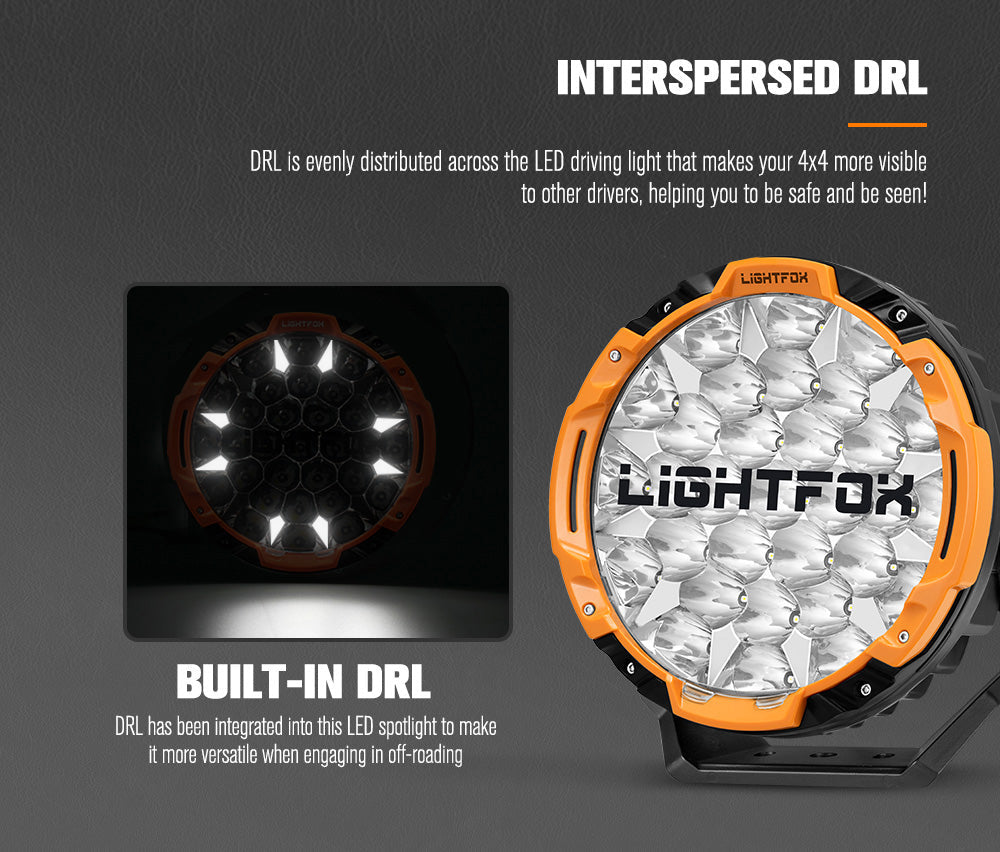 Lightfox LED driving light with interspersed DRL on a dark background Lightfox LED driving light with interspersed DRL on a dark background