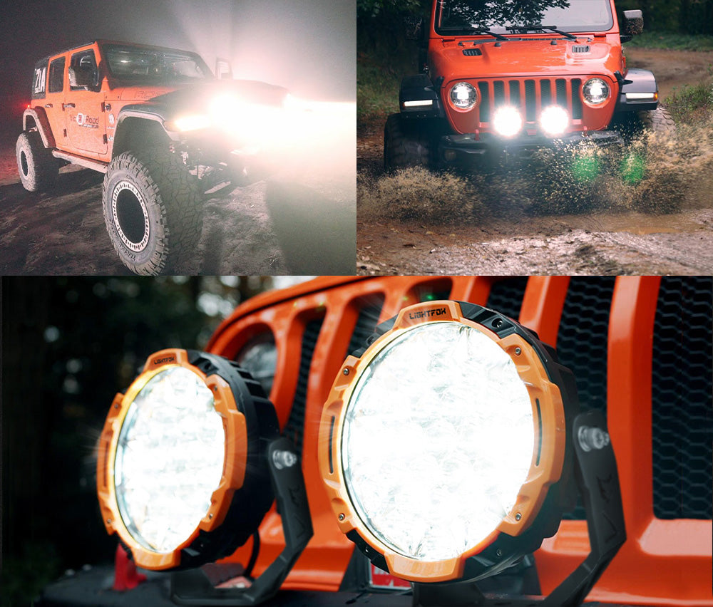 Collage of an orange off-road vehicle with headlights on, driving through water, and close-up of headlights. Collage of an orange off-road vehicle with headlights on, driving through water, and close-up of headlights.
