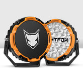 Two LED lights with orange and black design, featuring the Lightfox brand, on a white background.