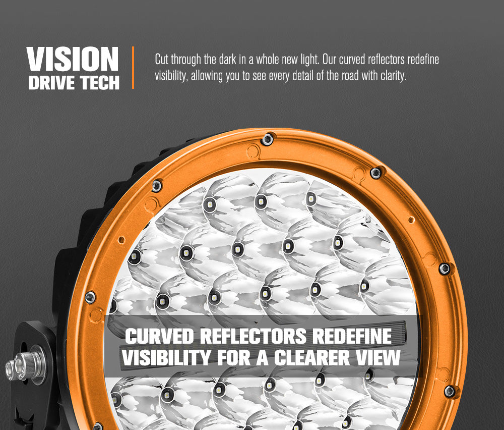 Vision Drive Tech curved reflector with text on a dark background Vision Drive Tech curved reflector with text on a dark background