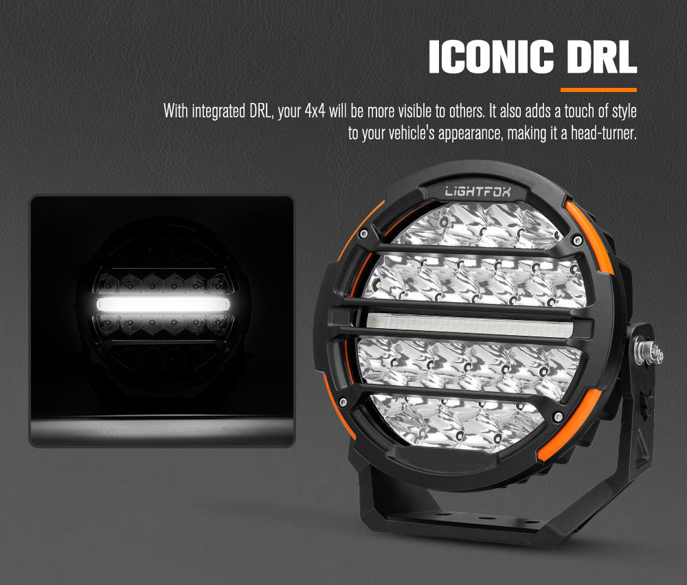 LED light with 'Iconic DRL' text on a dark background LED light with 'Iconic DRL' text on a dark background
