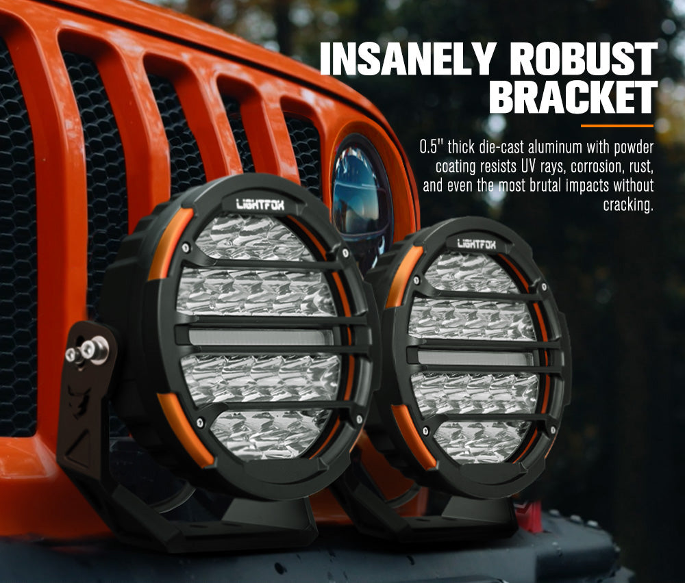 Two LED lights with a robust bracket on a vehicle grille, emphasizing durability. Two LED lights with a robust bracket on a vehicle grille, emphasizing durability.