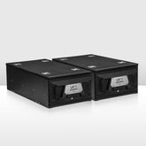 Two black storage boxes with a brand logo on a white background
