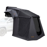 Black San Hima Jervis Rooftop Tent, and Annex Camping Shade attached to a white SUV on a white background.