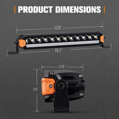 Dimensions of a LED light bar with mounting bracket on a gray background