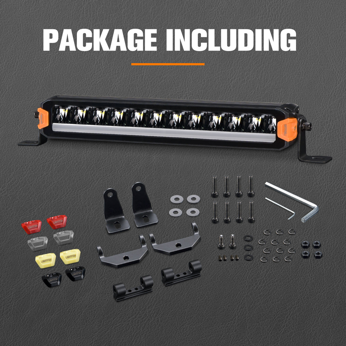 Light bar assembly with mounting hardware on a gray background