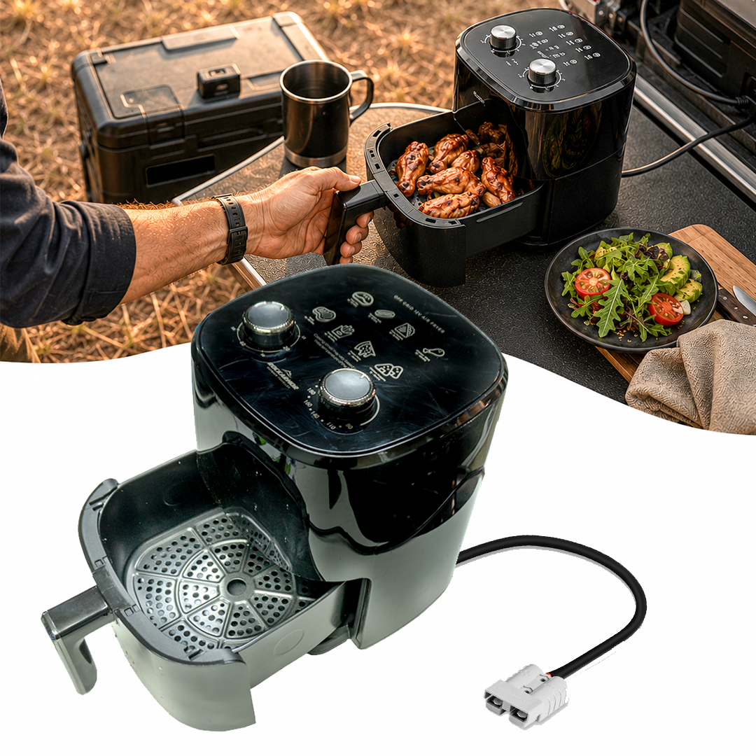 Black 12V camping air fryer with food on a white background