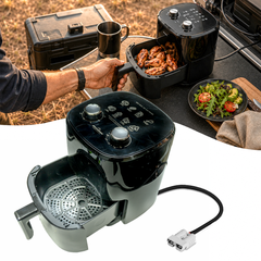 Black 12V camping air fryer with food on a white background