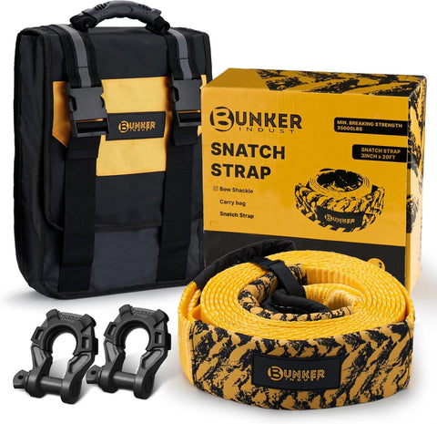 3" x 20ft Recovery Straps + Pair 3/4 D Ring Shackles + Bag 35,000 lbs Tree Saver Winch Strap - Emergency Vehicle Off Road Towing Rope