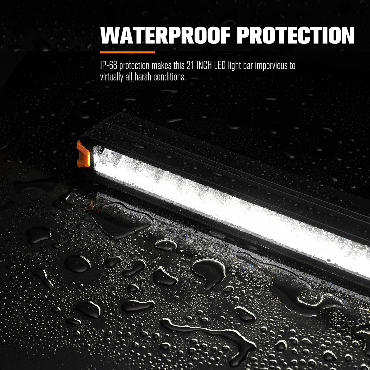 21-inch LED light bar with waterproof protection feature on a wet surface.