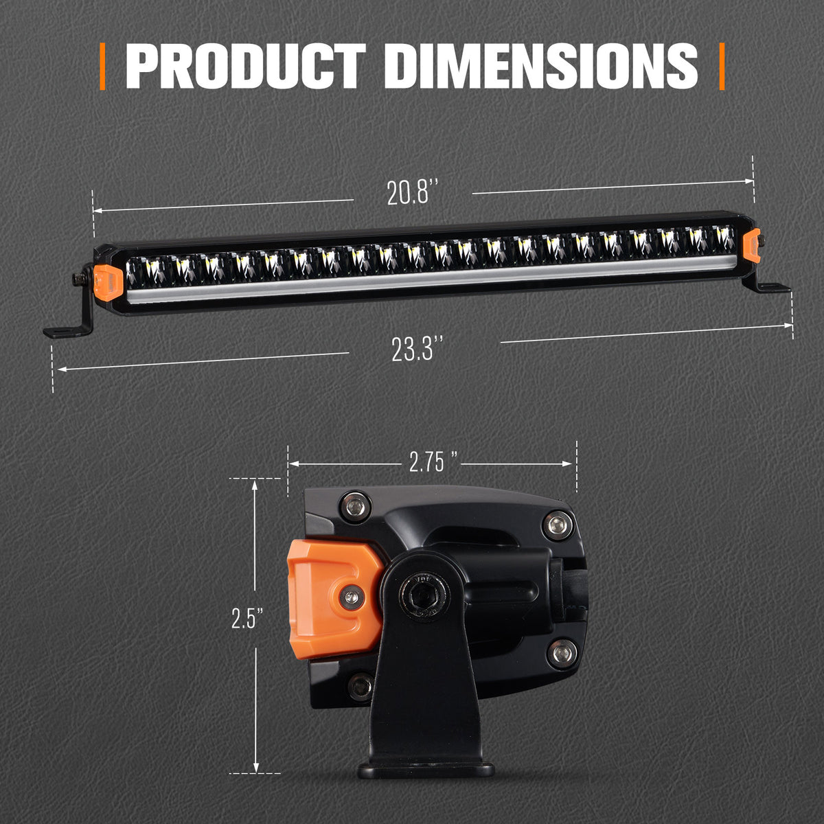 Dimensions of a LED light bar and mount on a gray background