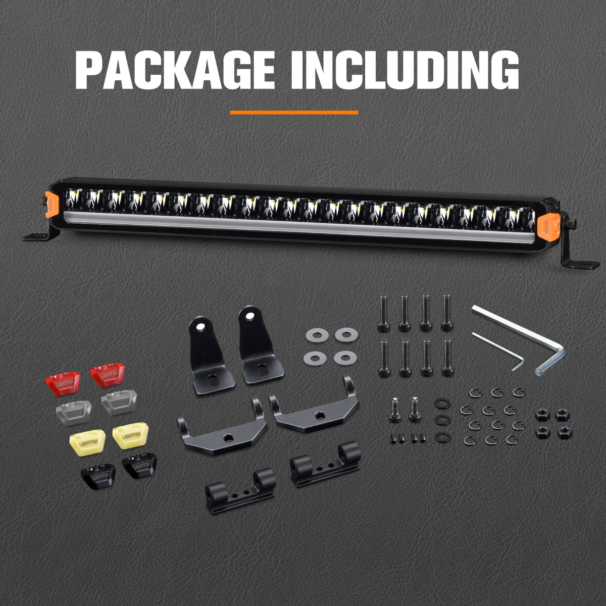 Car light bar with mounting hardware on a gray background