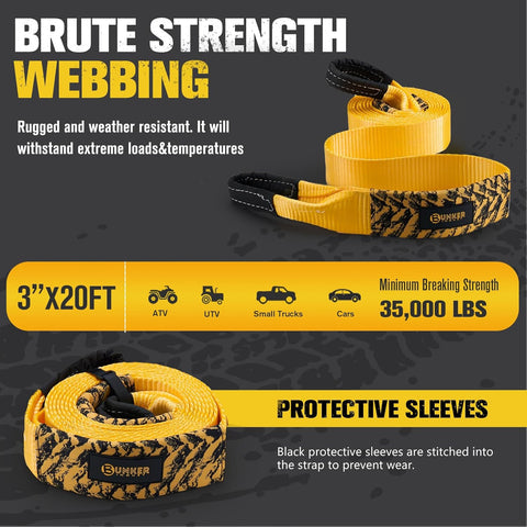 3" x 20ft Recovery Straps + Pair 3/4 D Ring Shackles + Bag 35,000 lbs Tree Saver Winch Strap - Emergency Vehicle Off Road Towing Rope