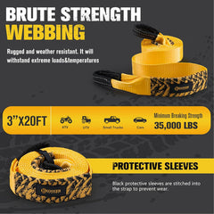 3" x 20ft Recovery Straps + Pair 3/4 D Ring Shackles + Bag 35,000 lbs Tree Saver Winch Strap - Emergency Vehicle Off Road Towing Rope
