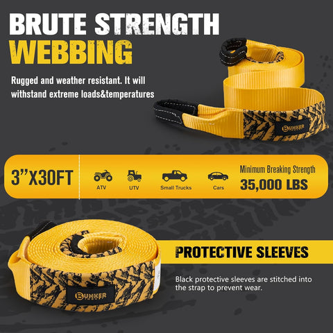 3" x 30ft Recovery Straps + Pair 3/4 D Ring Shackles + Bag 35,000 lbs Tree Saver Winch Strap - Emergency Vehicle Off Road Towing Rope