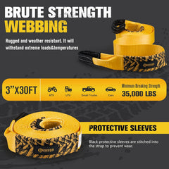 3" x 30ft Recovery Straps + Pair 3/4 D Ring Shackles + Bag 35,000 lbs Tree Saver Winch Strap - Emergency Vehicle Off Road Towing Rope