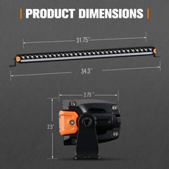 Dimensions of a light bar and mount on a gray background