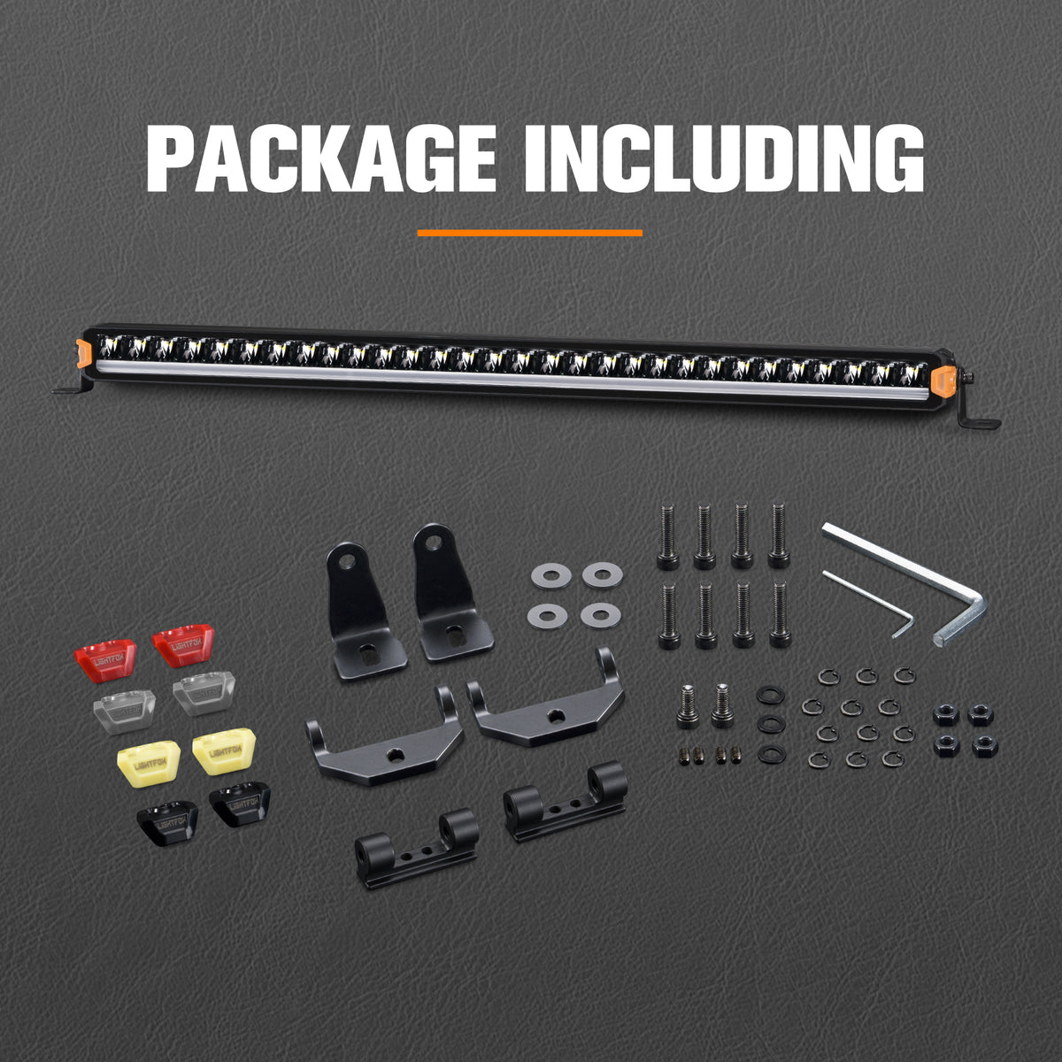 LED light bar with mounting hardware on a gray background