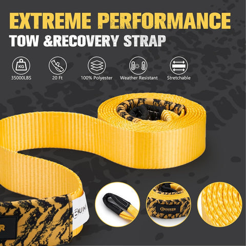 3" x 20ft Recovery Straps + Pair 3/4 D Ring Shackles + Bag 35,000 lbs Tree Saver Winch Strap - Emergency Vehicle Off Road Towing Rope
