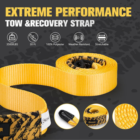 3" x 30ft Recovery Straps + Pair 3/4 D Ring Shackles + Bag 35,000 lbs Tree Saver Winch Strap - Emergency Vehicle Off Road Towing Rope