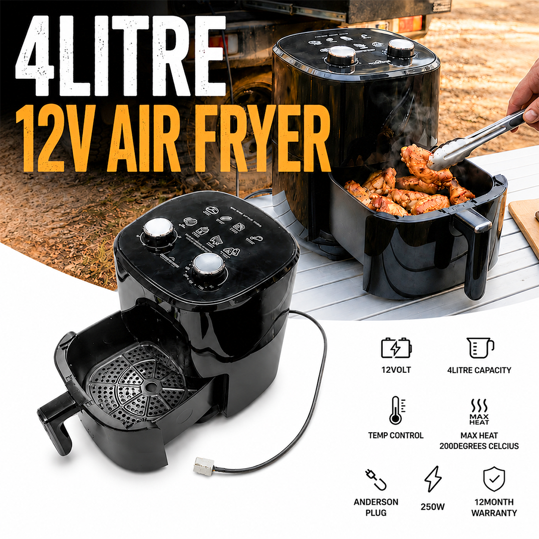 4 litre 12V air fryer with food being cooked, on a white background.