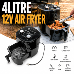 4 litre 12V air fryer with food being cooked, on a white background.