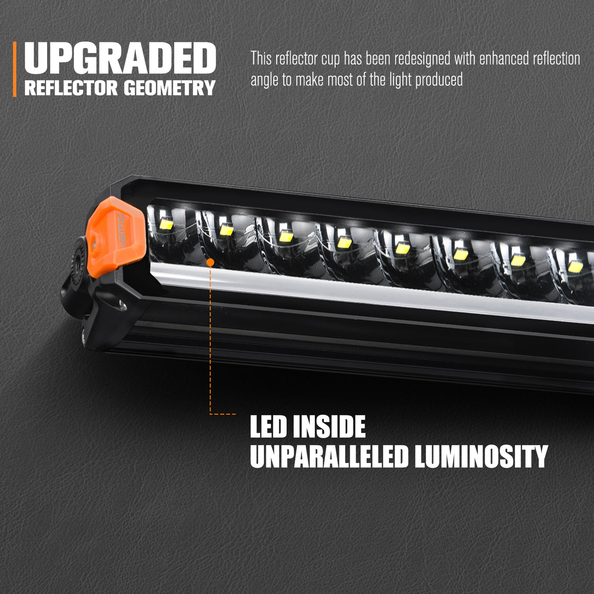 LED light bar with text highlighting upgraded reflector geometry and unparalleled luminosity on a dark background.