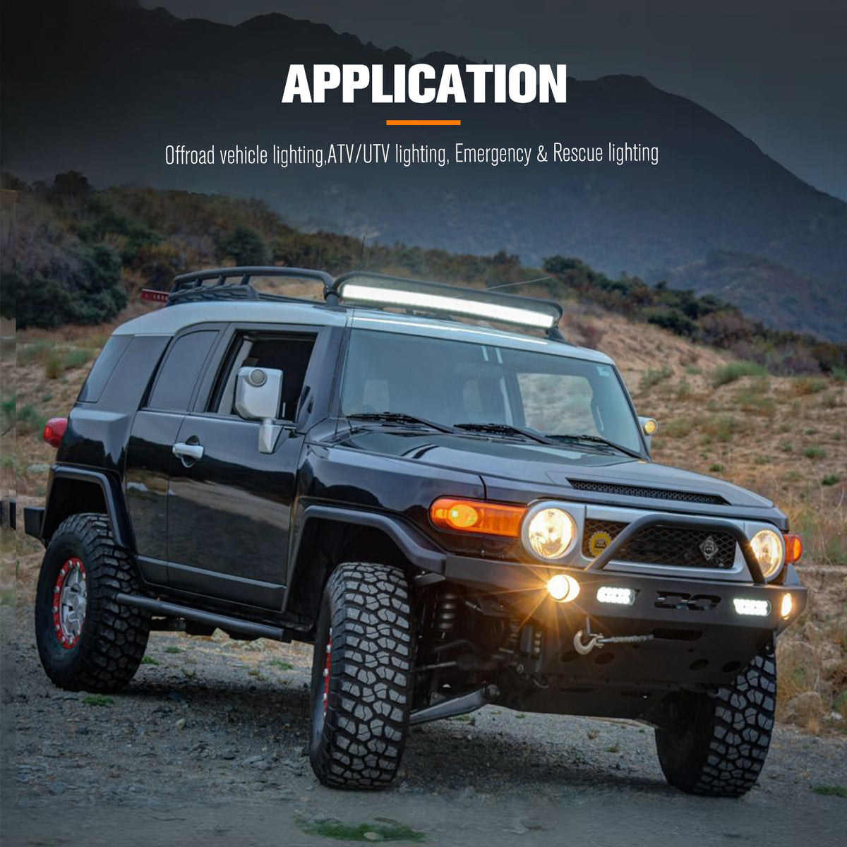 Black off-road vehicle with additional lights on a mountainous landscape