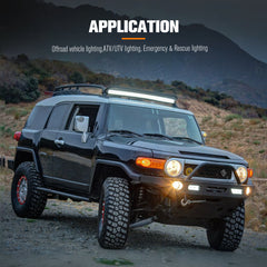 Black off-road vehicle with additional lights on a mountainous landscape