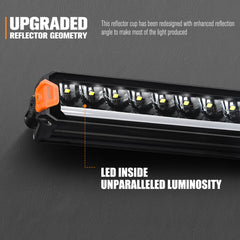 LED light bar with text highlighting upgraded reflector geometry and unparalleled luminosity on a gray background.