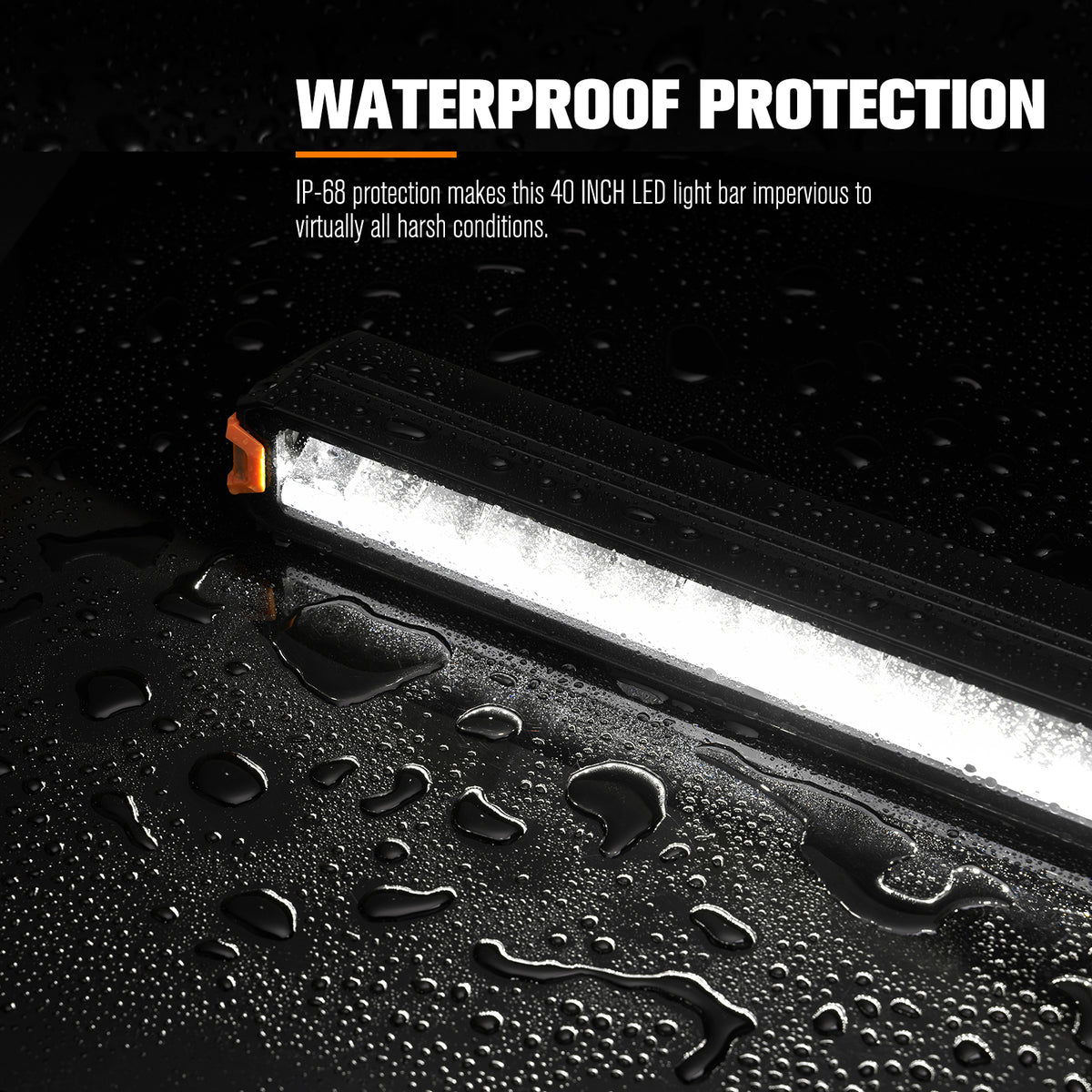 40-inch LED light bar with waterproof protection feature on a black background