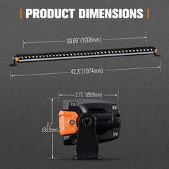 Product dimensions of a light bar and mount on a gray background