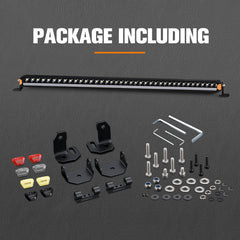 Collection of automotive parts including a LED light bar and mounting hardware on a gray background.