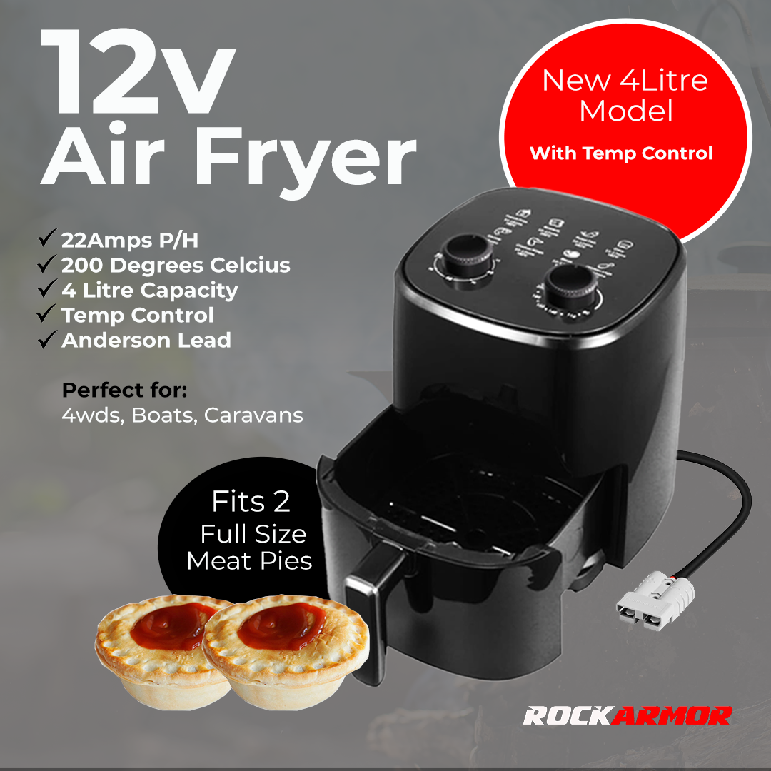12v Air Fryer with features listed on a gray background, featuring the brand 'Rockarmor'.