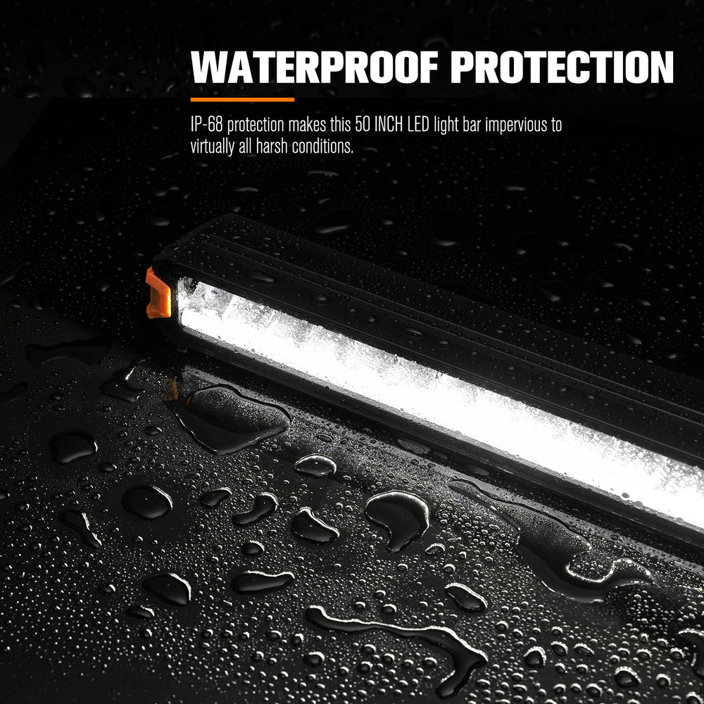 50 inch LED light bar with waterproof protection feature on a wet surface.