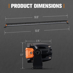 Product dimensions of a light bar and mount on a gray background