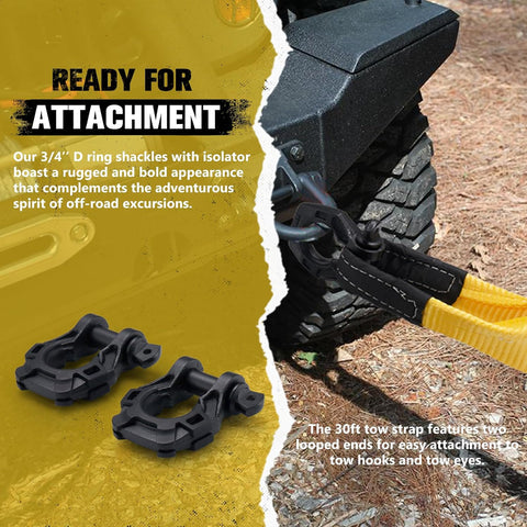 3" x 30ft Recovery Straps + Pair 3/4 D Ring Shackles + Bag 35,000 lbs Tree Saver Winch Strap - Emergency Vehicle Off Road Towing Rope