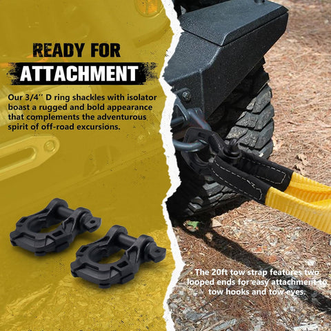 3" x 20ft Recovery Straps + Pair 3/4 D Ring Shackles + Bag 35,000 lbs Tree Saver Winch Strap - Emergency Vehicle Off Road Towing Rope